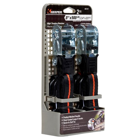 Keeper 8'X1" Ratchet Tie-Down W/Soft Tie Extsn, Blk, S-Hooks, 500Lbs WLL, PK2 45721